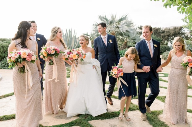 wedding party in blush and navy blue
