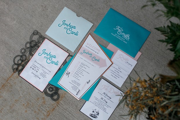 teal and pink retro modern wedding invitation suite