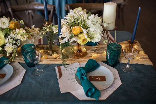 teal and gold table decor