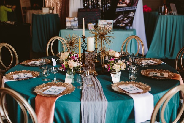 retro modern teal and gold table decor