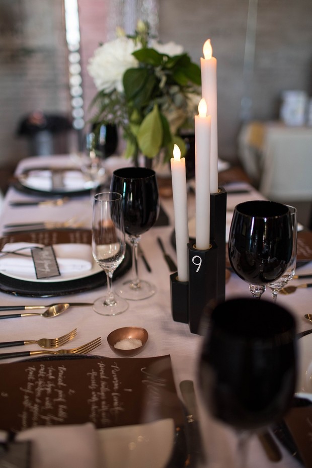 wedding table decor in black white and gold