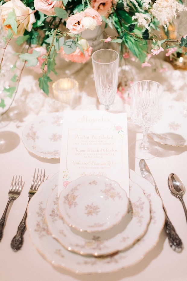 wedding place setting with vintage dishes
