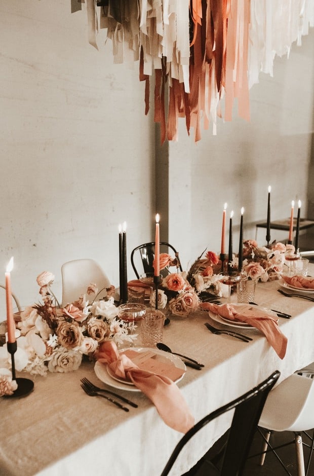 black and coral wedding tablescape