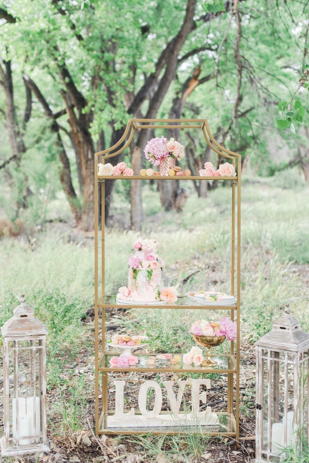 gold and pink wedding dessert stand