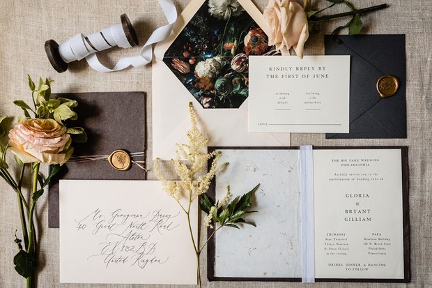 moody floral wedding invites