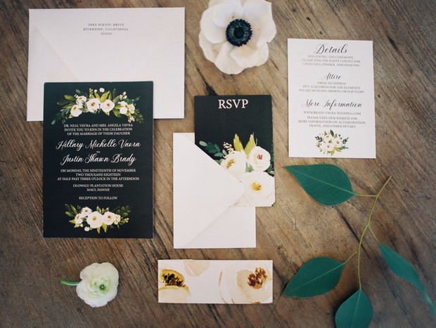 romantic and dramatic wedding invitation suite