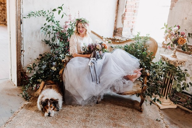bride and wedding dog