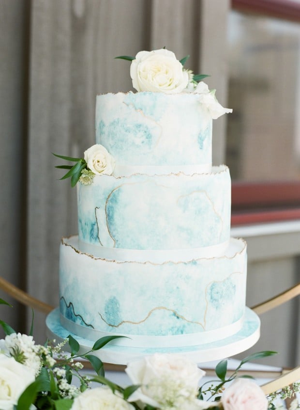 blue marble wedding cake with gold