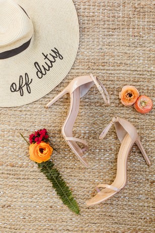 cute off duty sun hat and nude wedding shoes