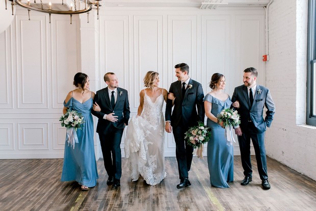 wedding party in grey and blue