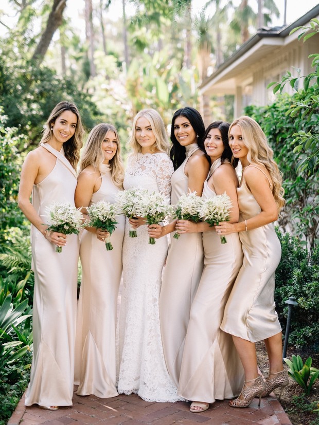 bridal party in nude dresses