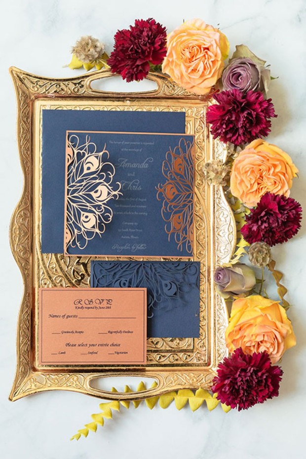 copper peacock wedding invitation suite