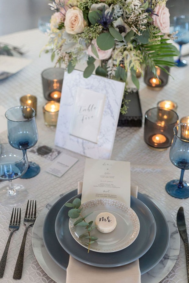 marble blue and grey wedding table decor