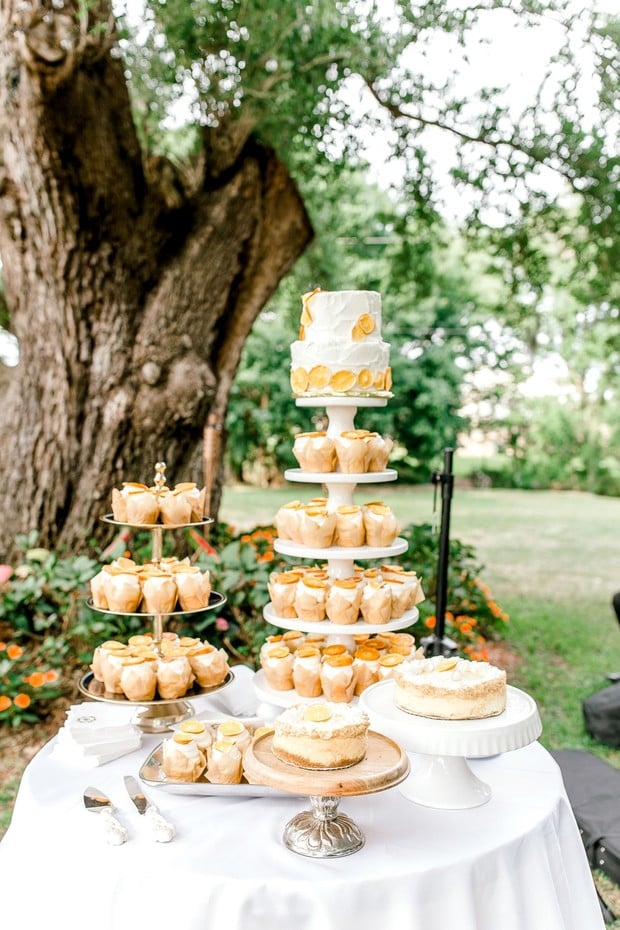 wedding cake and cupcakes