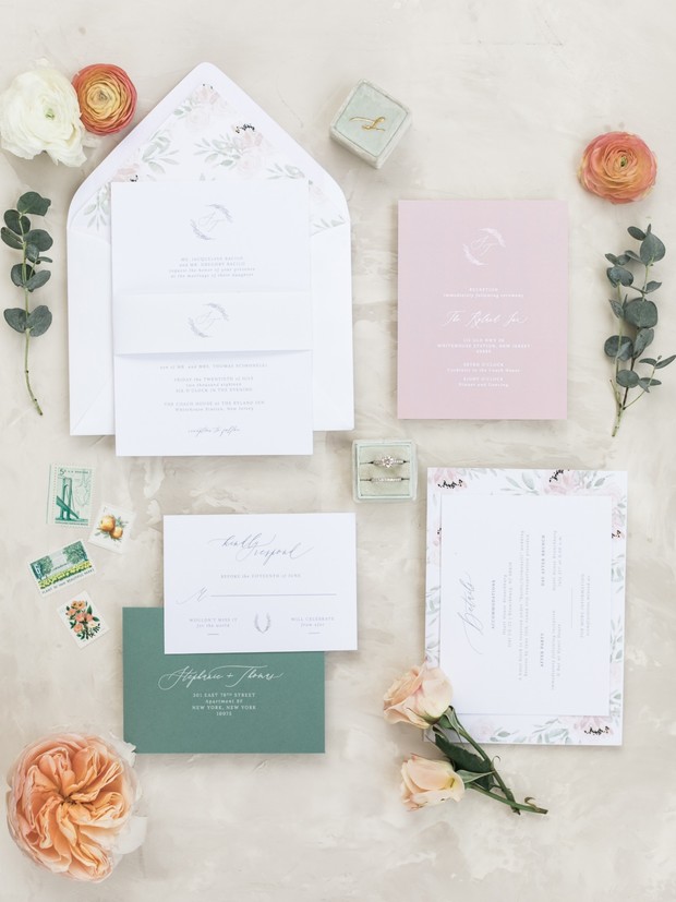 blush and floral accented wedding invitations