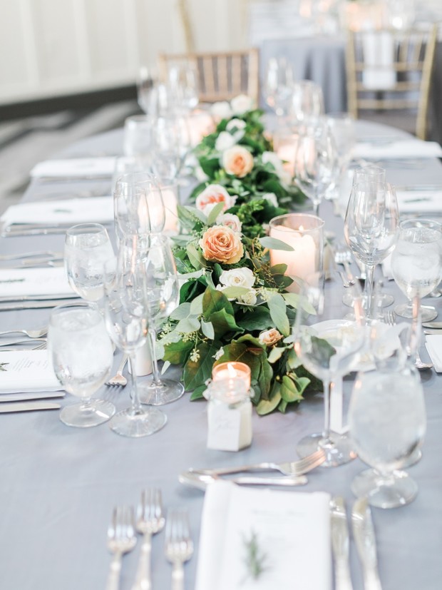 grey white and blush table decor