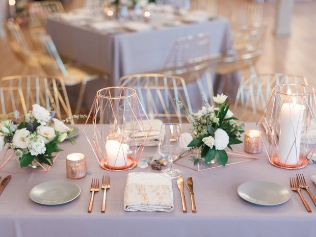 modern gold grey and copper wedding table decor