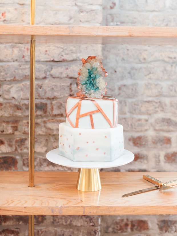 geometric gold and white wedding cake
