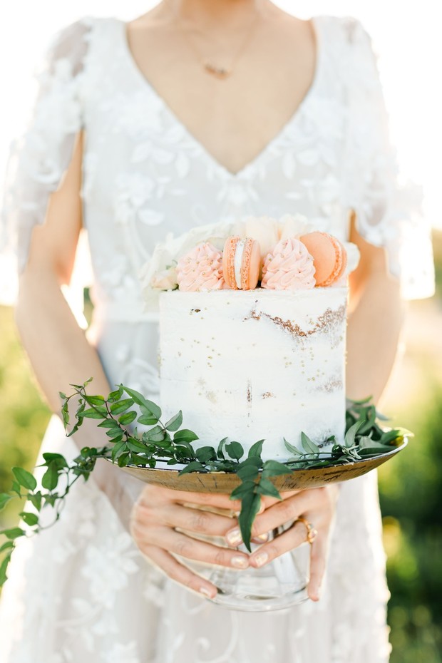 mini naked wedding cake with macarons