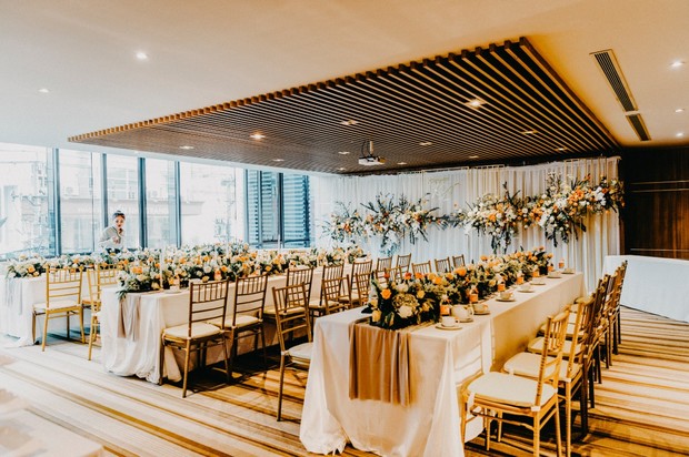 elegant blush and gold ballroom wedding reception