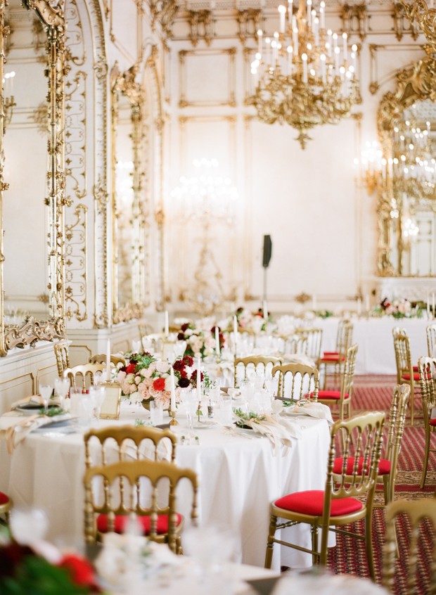 gold white and red ballroom wedding reception
