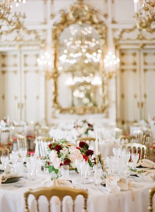 glam gold white and red ballroom wedding reception