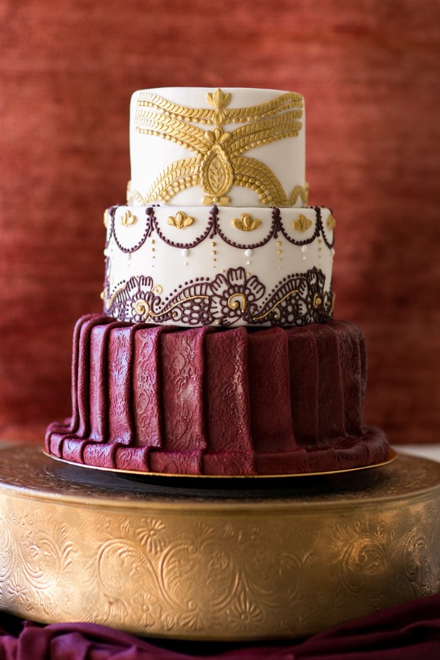 burgundy and gold wedding cake