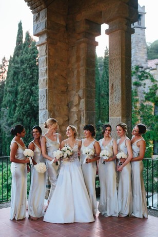 elegant wedding party in shimmery dresses