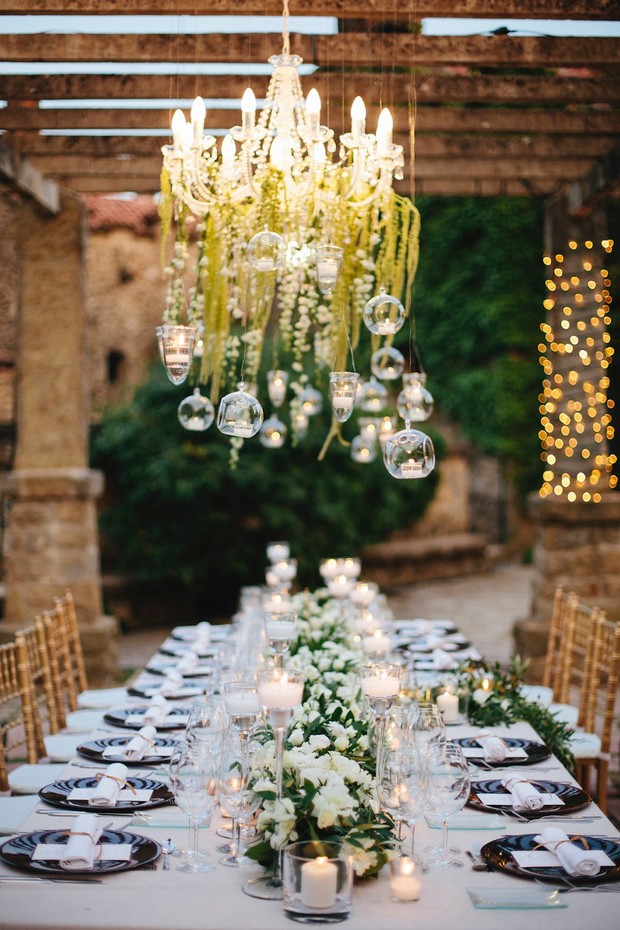 whimsical outdoor elegant white and green wedding table decor