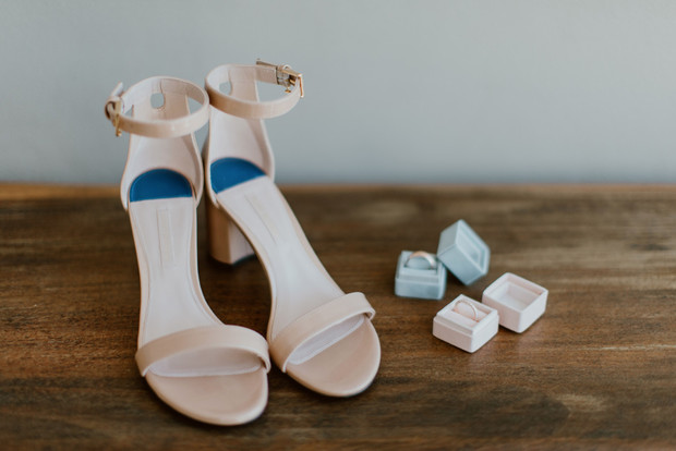 Beautiful beige block heel shoes and wedding rings details