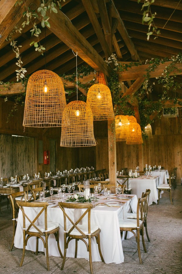 wedding reception decor with basket lights
