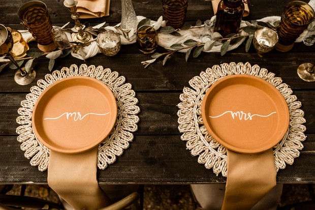 Rustic wedding place settings: Mr & Mrs terracotta plates