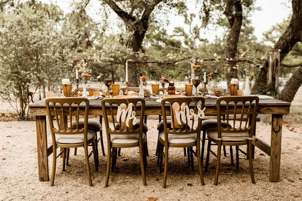 Rustic outdoor wedding reception table setting