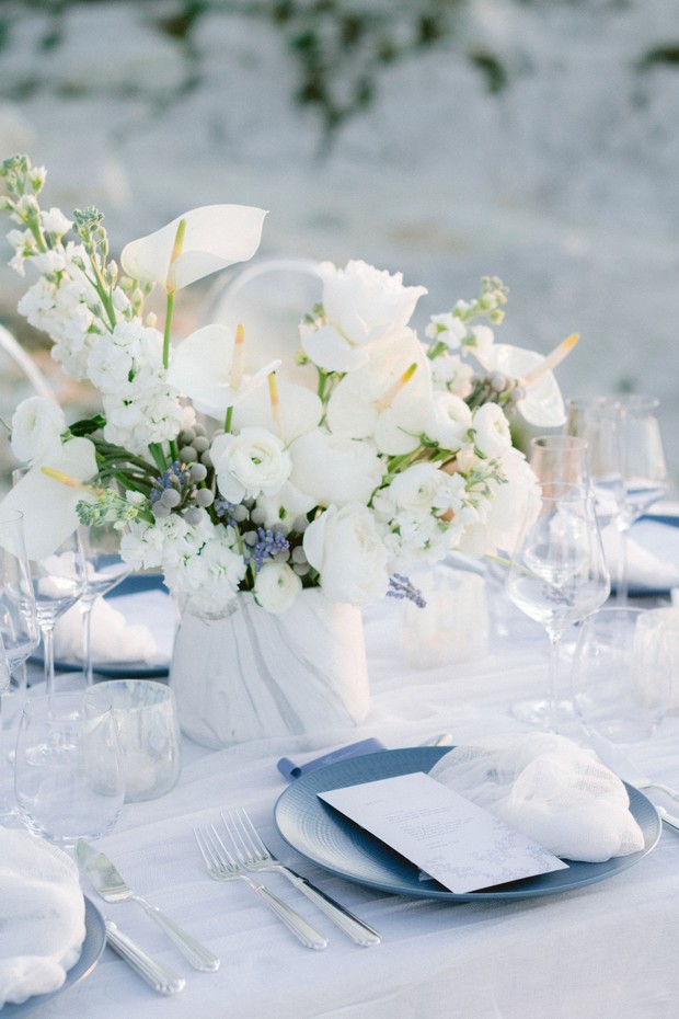 white and grey with blue accents wedding table decor