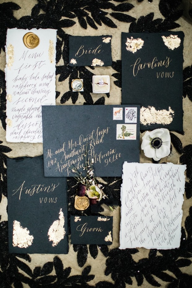 Elegant wedding invitation suite with calligraphy details