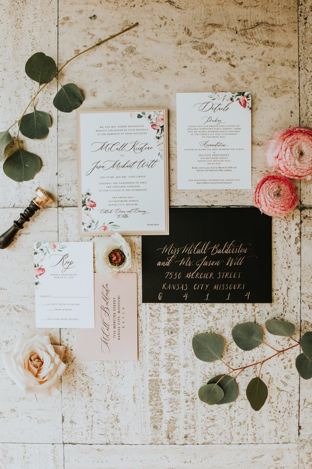 Elegant wedding invitation suite floral accents greenery