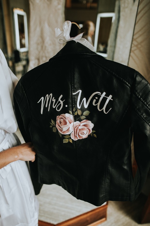 Mrs Witt black leather wedding jacket with flowers