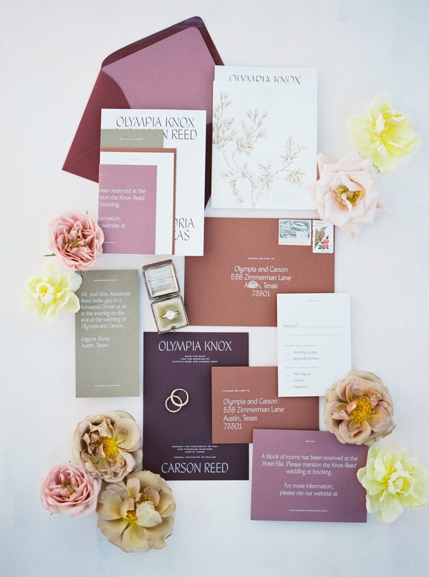 Elegant wedding stationery suite with rings and flowers