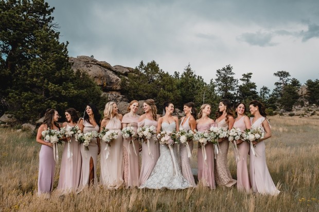 bridal party in shades of pink