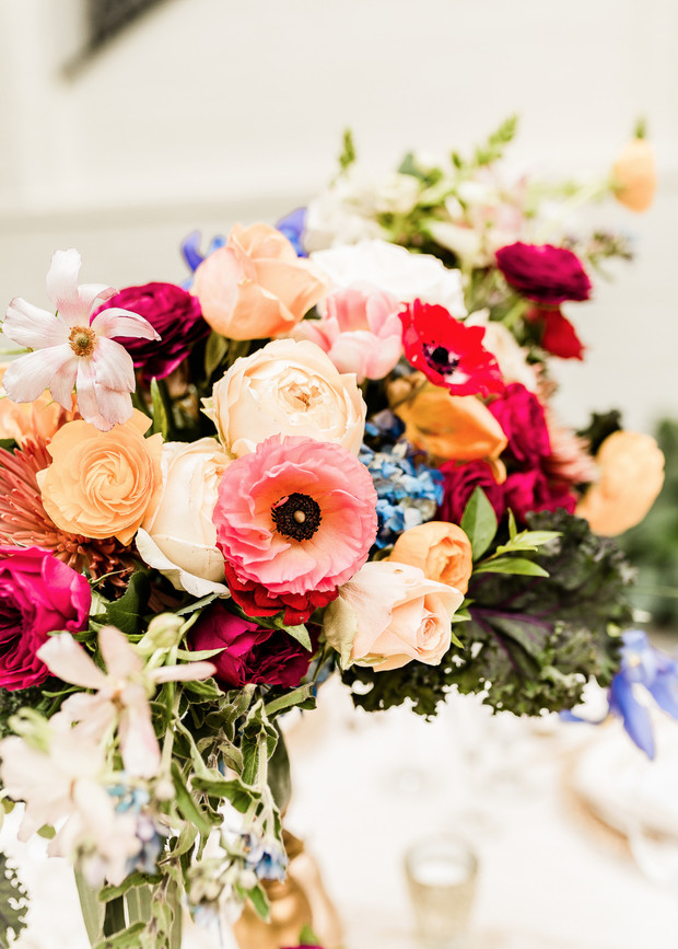 Vibrant bouquet of colorful ranunculus flowers centerpiece