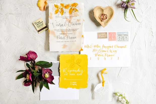 yellow and white wedding invitation suite