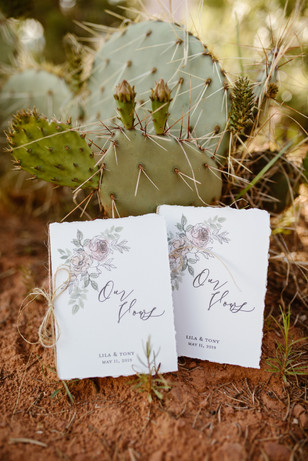 Elegant wedding programs with cactus backdrop detail