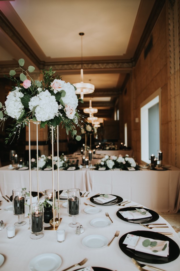 Elegant wedding table decor with white hydrangea flowers