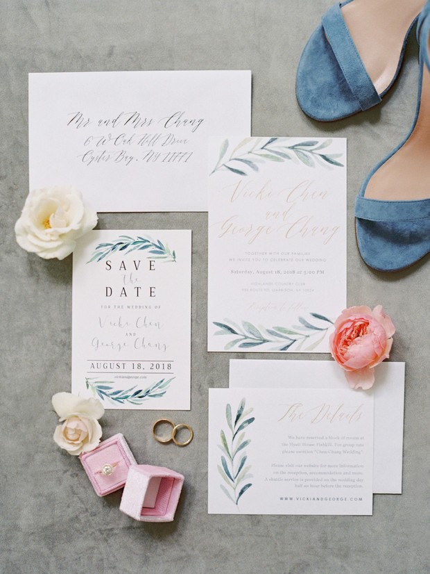 Elegant wedding stationery suite with blue accents
