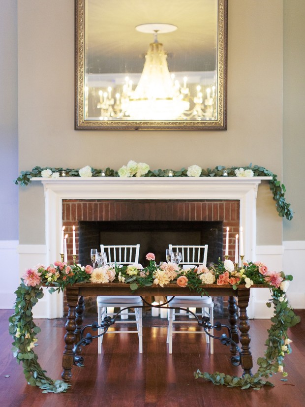 Romantic sweetheart table with flowers and candles