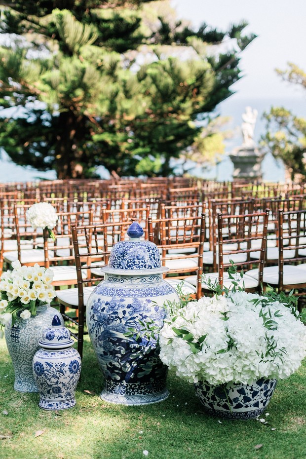 Outdoor wedding setup with blue and white ceramic decor