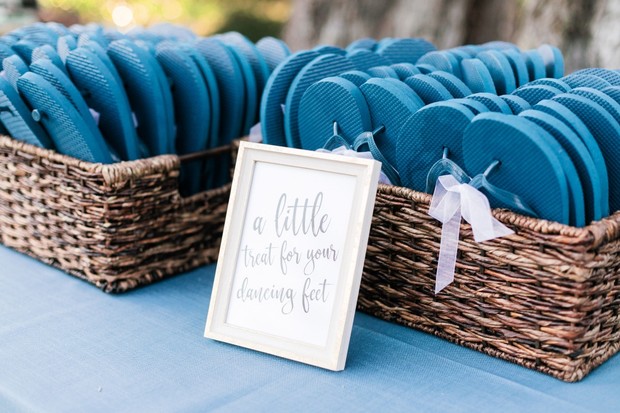 Blue flip flops in baskets wedding favor for dancing
