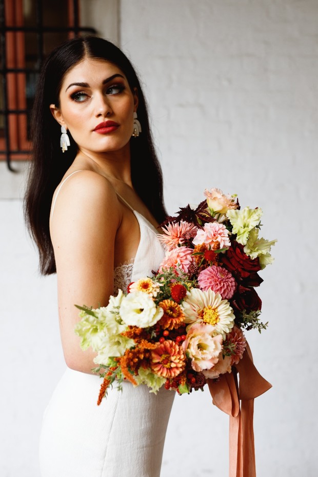 pink orange white and red fall wedding bouquet