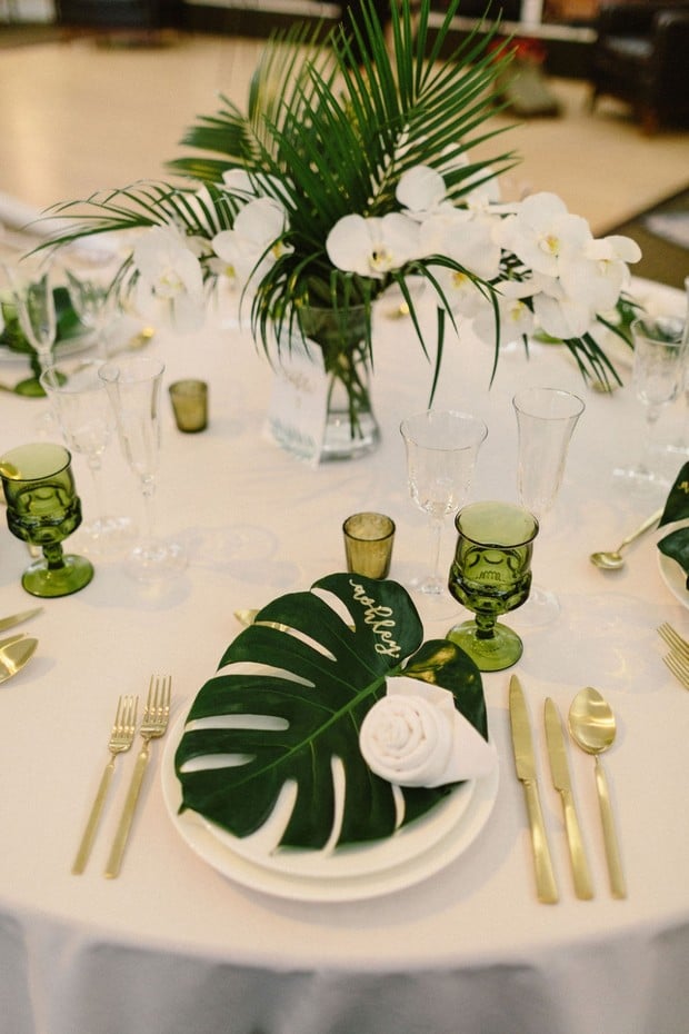 gold and green wedding table decor