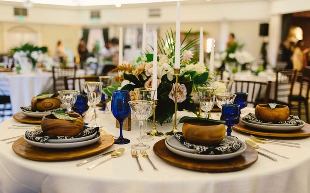blue gold and wood wedding table decor
